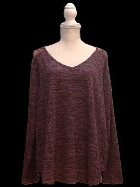 Truself Wine Plum Long Sleeve Scooped V Neck Peekaboo Top Women’s 1X
